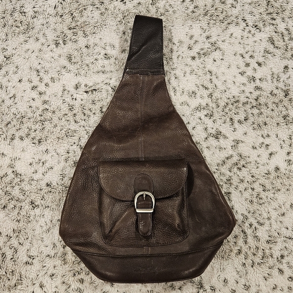 Eddie Bauer Brown Pebbled Leather Adjustable Cross Body Bag Back Pack 23"x 14" - Picture 1 of 10